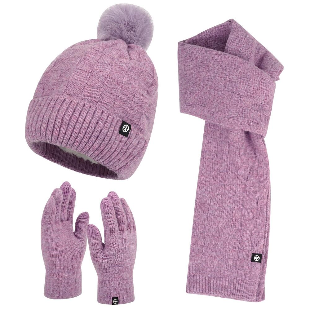 2176 Winter Hat Gloves Scarf Set Knitted Touchscreen Glove Long Scarves